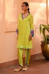 Buy_Bhawna Sethi_Green Pure Satin Georgette Hand Embroidered Zari V Lime Kurta With Tulip Pant _Online_at_Aza_Fashions