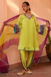 Bhawna Sethi_Green Pure Satin Georgette Hand Embroidered Zari V Neck Lime Kurta Set _Online