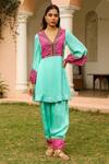 Buy_Bhawna Sethi_Green Pure Satin Georgette Embroidered Zari V Tiffany Yoke Kurta With Salwar_at_Aza_Fashions