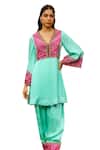 Bhawna Sethi_Green Pure Satin Georgette Embroidered Zari V Tiffany Yoke Kurta With Salwar_Online_at_Aza_Fashions