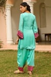 Shop_Bhawna Sethi_Green Pure Satin Georgette Embroidered Zari V Neck Tiffany Yoke Kurta Set _at_Aza_Fashions