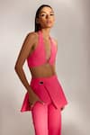 Tisharth by Shivani_Pink Polyester Solid Plunge Halter Neck Bustier With Overlapped Pant _Online_at_Aza_Fashions