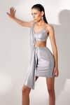 Shop_Tisharth by Shivani_Silver Polyester Solid Plunge-v Metallic Asymmetric Midi Dress _Online_at_Aza_Fashions