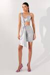 Buy_Tisharth by Shivani_Silver Polyester Solid Plunge-v Metallic Asymmetric Midi Dress _at_Aza_Fashions