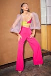 Buy_Tisharth by Shivani_Pink 100% Polyester Plain Sweetheart Color Block Bustier With Pant _Online_at_Aza_Fashions