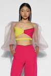 Tisharth by Shivani_Pink 100% Polyester Plain Sweetheart Color Block Bustier With Pant _at_Aza_Fashions