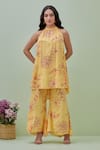 Buy_Grass & Sunshine_Yellow Viscose Printed Floral Halter Blossom Kurta And Pant Set _at_Aza_Fashions