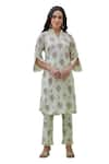 Grass & Sunshine_Off White Modal Printed Floral Notched Kurta And Pant Set _Online_at_Aza_Fashions