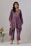 Buy_Grass & Sunshine_Purple Viscose Printed Floral Notched Kaftan And Pant Set _at_Aza_Fashions