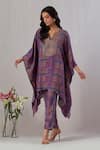 Grass & Sunshine_Purple Viscose Printed Floral Notched Kaftan And Pant Set _Online_at_Aza_Fashions