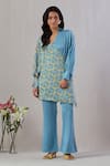 Buy_Grass & Sunshine_Blue Viscose Satin Block Printed Floral Collar Wrapped Kurta And Pant Set _at_Aza_Fashions