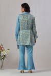 Shop_Grass & Sunshine_Blue Viscose Satin Block Printed Floral Collar Wrapped Kurta And Pant Set _at_Aza_Fashions