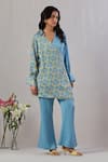 Grass & Sunshine_Blue Viscose Satin Block Printed Floral Collar Wrapped Kurta And Pant Set _Online_at_Aza_Fashions