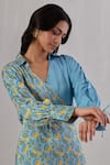 Buy_Grass & Sunshine_Blue Viscose Satin Block Printed Floral Collar Wrapped Kurta And Pant Set _Online_at_Aza_Fashions