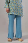 Shop_Grass & Sunshine_Blue Viscose Satin Block Printed Floral Collar Wrapped Kurta And Pant Set _Online_at_Aza_Fashions