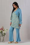 Grass & Sunshine_Blue Viscose Satin Block Printed Floral Collar Wrapped Kurta And Pant Set _at_Aza_Fashions