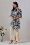 Buy_Grass & Sunshine_Blue Chanderi Printed Tie-dye Shawl Lapel Asymmetric Kurta And Pant Set_at_Aza_Fashions