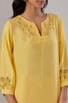 Buy_Grass & Sunshine_Yellow Viscose Embroidered Floral Cutwork Notched Kurta And Pant Set_Online_at_Aza_Fashions