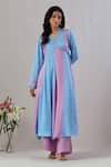 Buy_Grass & Sunshine_Blue Viscose Satin Thread V Neck Solid Angrakha Kurta And Pant Set _at_Aza_Fashions