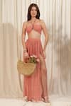 Buy_RIRASA_Pink Georgette Print Floral Halter Neck Crop Top With Slit Skirt_at_Aza_Fashions