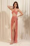 RIRASA_Pink Georgette Print Floral Halter Neck Crop Top With Slit Skirt_Online_at_Aza_Fashions