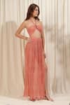 Shop_RIRASA_Pink Georgette Print Floral Halter Neck Crop Top With Slit Skirt_Online_at_Aza_Fashions