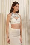 Shop_RIRASA_Ivory Lurex Georgette Embellished Mirrorwork Round Shimmer Crop Top_Online_at_Aza_Fashions