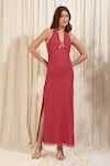 Buy_RIRASA_Coral Chiffon Solid Halter Neck Dress_at_Aza_Fashions