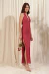 RIRASA_Coral Chiffon Solid Halter Neck Dress_Online_at_Aza_Fashions