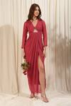Buy_RIRASA_Coral Chiffon Solid Plunge V-neck Salvia Draped Slit Dress_at_Aza_Fashions