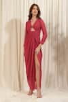 RIRASA_Coral Chiffon Solid Plunge V-neck Salvia Draped Slit Dress_Online_at_Aza_Fashions