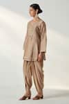 Studio Bagechaa_Brown Chanderi Lining Shantoon Pihu Damask Dori Short Kurta With Tulip Pant _at_Aza_Fashions