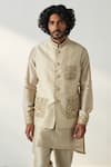 Buy_Studio Bagechaa_Gold Bundi Linen Satin Embroidered Dori Priyank Asymmetric Kurta Set With_Online_at_Aza_Fashions