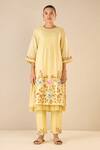 Shivani Bhargava_Yellow Chanderi, Cotton Embroidery Round Neck Gardenia Charm Kurta Pant Set _Online_at_Aza_Fashions