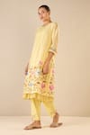 Buy_Shivani Bhargava_Yellow Chanderi, Cotton Embroidery Round Neck Gardenia Charm Kurta Pant Set _Online_at_Aza_Fashions