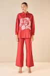 Shivani Bhargava_Red Cotton Applique Stand Collar Rose Dream Shirt With Flared Pant _Online_at_Aza_Fashions