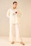 Buy_Shivani Bhargava_Ivory Cotton Embroidered Bead Stand Collar Rose Shirt With Flared Pant _Online_at_Aza_Fashions