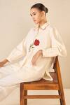Buy_Shivani Bhargava_Ivory Cotton Embroidered Bead Stand Collar Rose Shirt With Flared Pant 