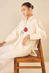 Shop_Shivani Bhargava_Ivory Cotton Embroidered Bead Stand Collar Rose Shirt _Online_at_Aza_Fashions