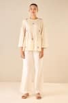Shivani Bhargava_Ivory Cotton Embroidered Thread Whispering Roses Tunic Top With Flared Pant _at_Aza_Fashions