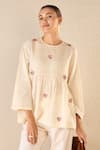 Buy_Shivani Bhargava_Ivory Cotton Embroidered Thread Round Whispering Roses Tunic Top _at_Aza_Fashions