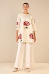 Shivani Bhargava_Ivory Cotton Embroidered Thread Round Royal Rose Top With Flared Pant _Online_at_Aza_Fashions