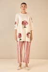 Shop Shivani Bhargava Ivory Cotton Embroidery Round Neck Royal Rose Top With Striped Pant Online at Aza Fashions Shop_Shivani Bhargava_Ivory Cotton Embroidery Round Neck Royal Rose Top With Striped Pant _Online_at_Aza_Fashions