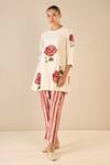 Buy Shivani Bhargava Ivory Cotton Embroidery Round Neck Royal Rose Top With Striped Pant at Aza Fashions Buy_Shivani Bhargava_Ivory Cotton Embroidery Round Neck Royal Rose Top With Striped Pant _at_Aza_Fashions