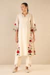 Shivani Bhargava_Ivory Kurta And Dupatta Chanderi Embroidered Thread Notched Rose Shine Pant Set _Online_at_Aza_Fashions