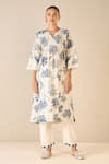 Shivani Bhargava_Blue Cotton Printed Floral Notched Pintucked Kurta _Online_at_Aza_Fashions