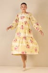 Shivani Bhargava_Yellow Cotton Printed Floral Round Tiered Pleated Dress _at_Aza_Fashions