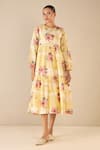 Buy_Shivani Bhargava_Yellow Cotton Printed Floral Round Tiered Pleated Dress _at_Aza_Fashions