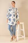 Buy_Shivani Bhargava_Blue Cotton Printed Floral Chinese Collar Fantasy Tunic And Pant Set 