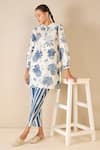 Buy_Shivani Bhargava_Blue Cotton Printed Floral Chinese Collar Fantasy Tunic 